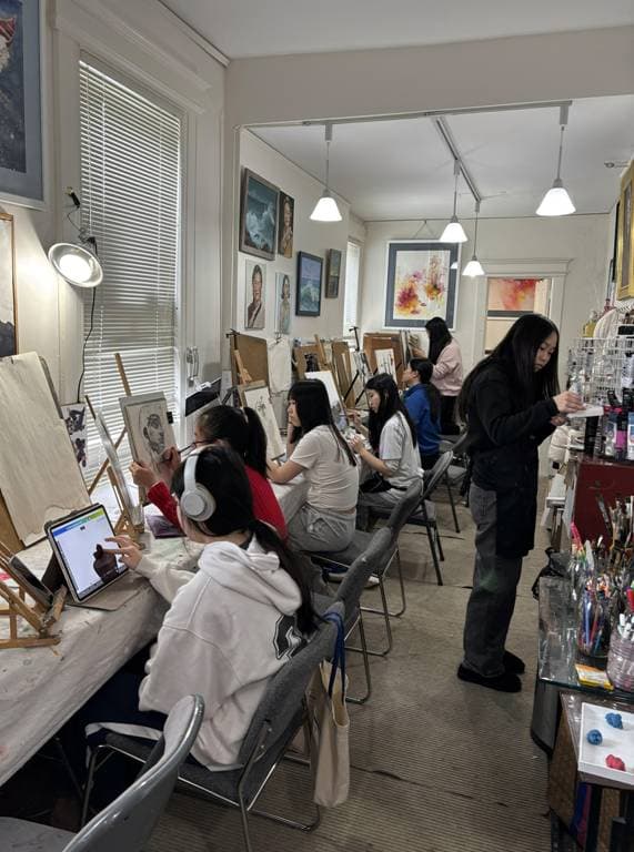 Interior of Li Zhai Art Schools showing traditional Chinese painting workspace